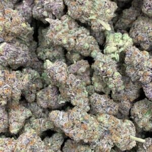 Close-up of Jealousy THCa Flower buds, featuring vibrant green hues with orange pistils and frosty trichomes.
