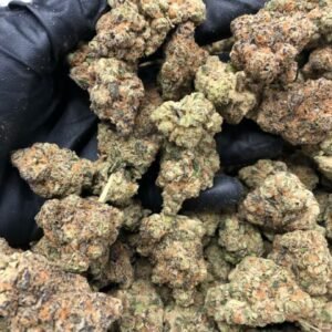 Close-up of Strawberry Cough THCa Flower with vibrant green buds and red pistils.