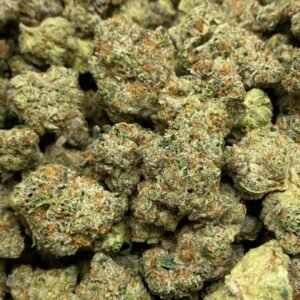 Peanut Butter Breath THCa Flower with dense buds and frosty trichomes, showing off its rich green and orange hues.