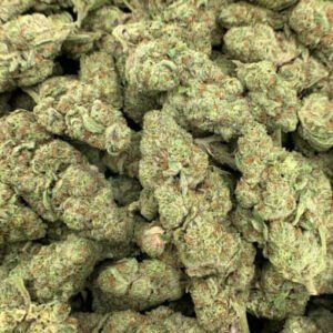 Vibrant Runtz THCa Flower with dense buds, bright orange pistils, and a frosty trichome coating.