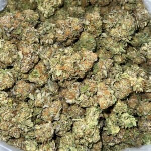 Tropical Fusion THCa Flower buds showcasing vibrant green hues, orange pistils, and a frosty trichome coating.