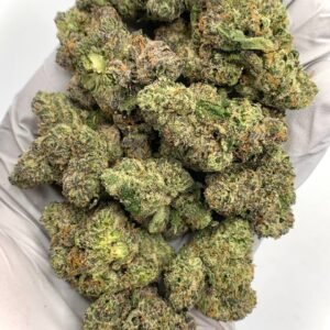 Strawberry Jam THCa Flower buds featuring vibrant green hues, red pistils, and a frosty layer of trichomes.